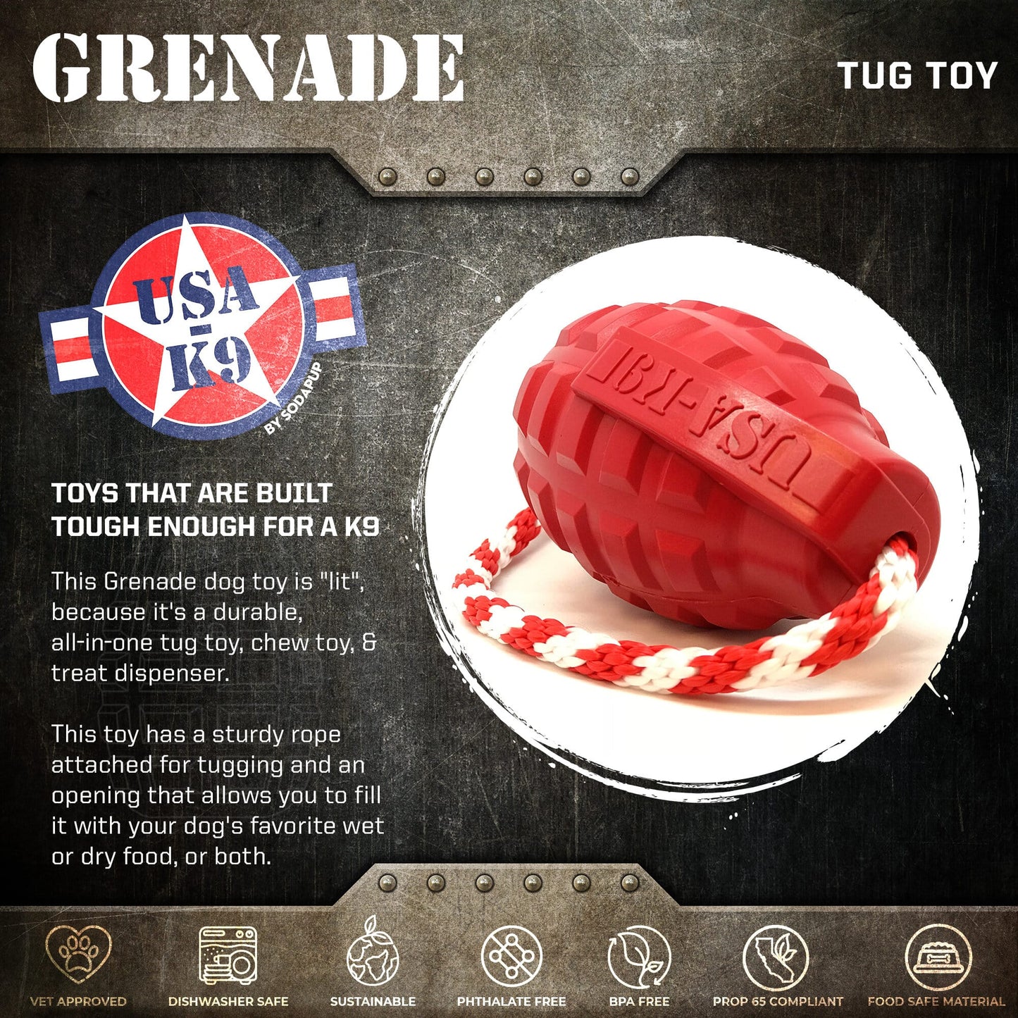USA-K9 Grenade Rubber Treat Dispenser & Tug Toy – Army Green