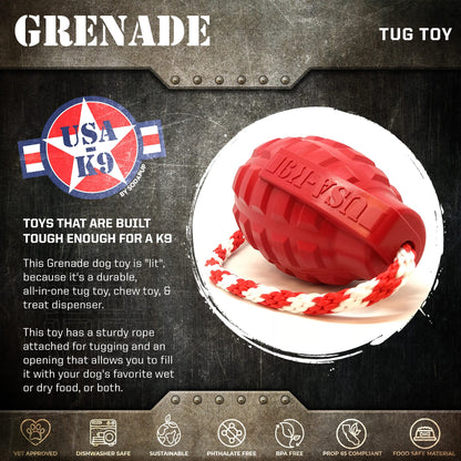 USA-K9 Grenade Rubber Treat Dispenser & Tug Toy – Army Green