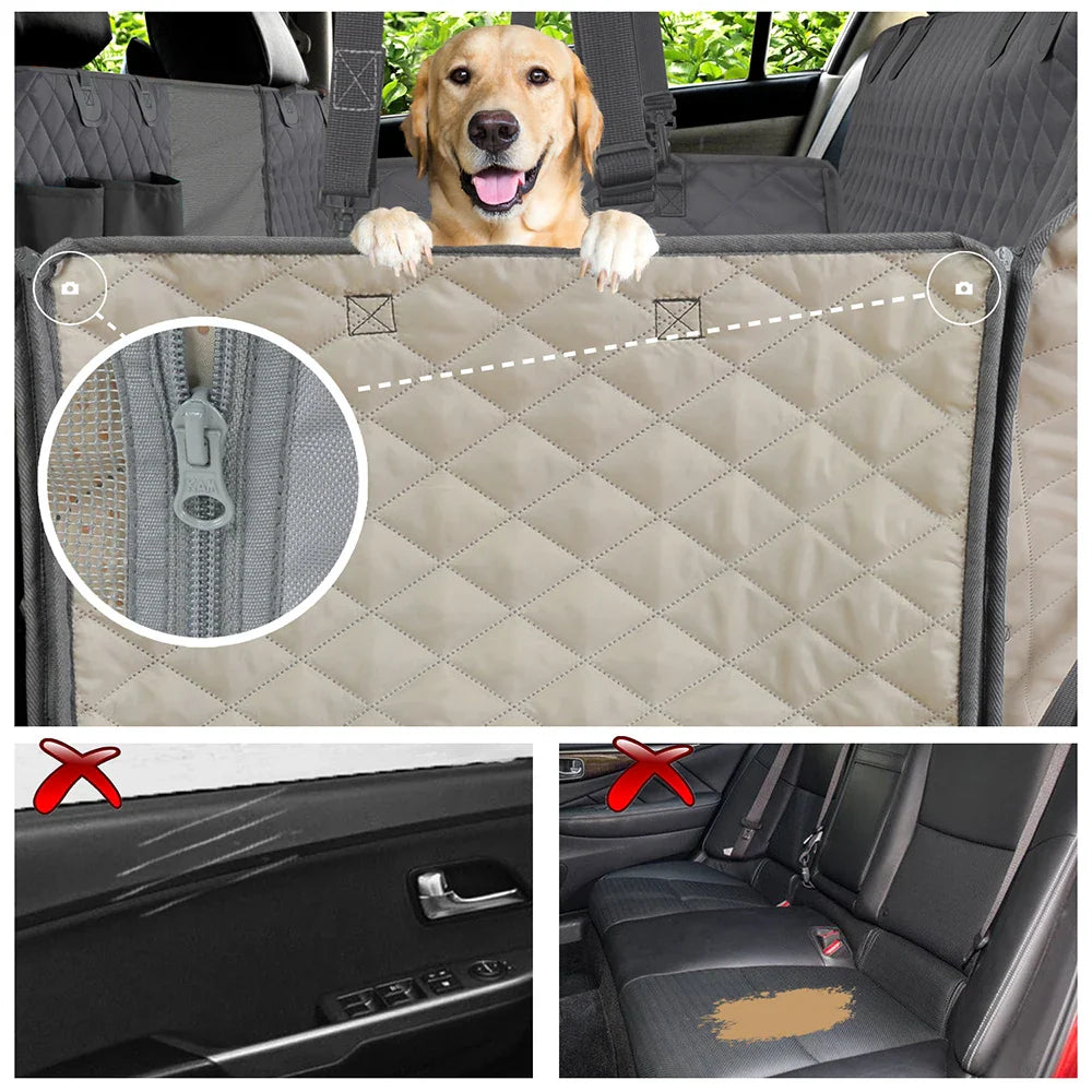 Waterproof Dog Car Seat Cover Hammock — Rear Back Seat Protector with Mesh Window, Non-Slip & Seat Belt Openings — Standard (56.3x59.8 in / 143x152 cm) & X-Large (60.2x63.8 in / 153x162 cm)