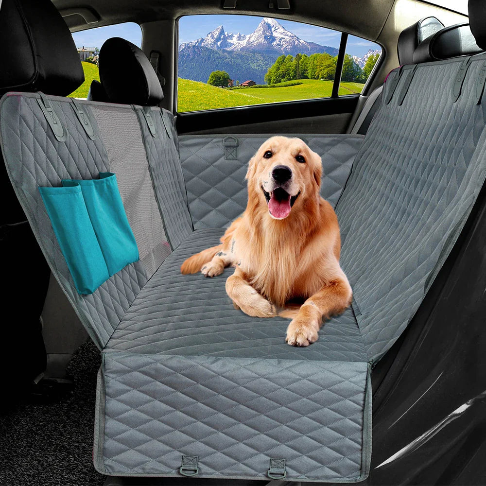 Waterproof Dog Car Seat Cover Hammock — Rear Back Seat Protector with Mesh Window, Non-Slip & Seat Belt Openings — Standard (56.3x59.8 in / 143x152 cm) & X-Large (60.2x63.8 in / 153x162 cm)