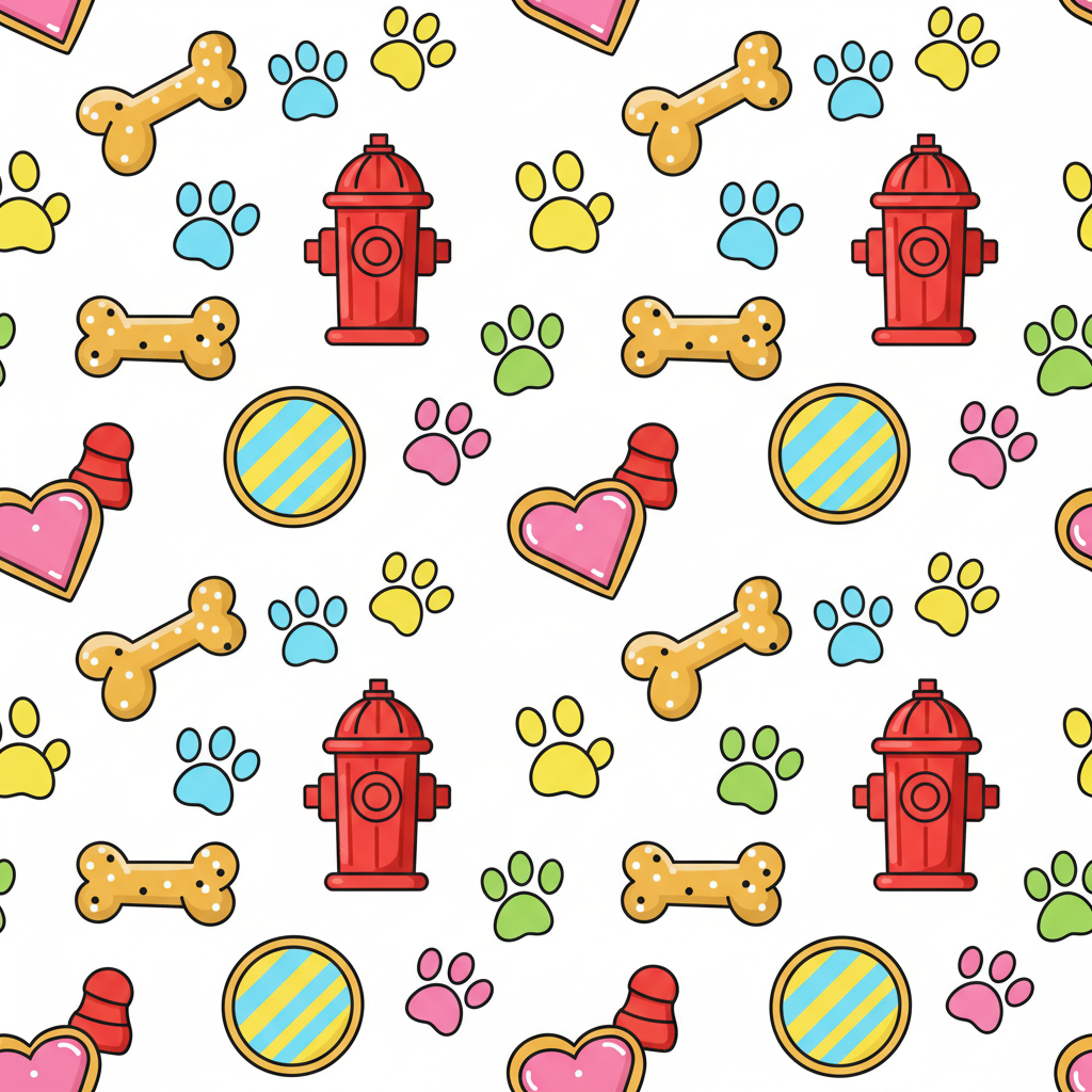 Cartoon Dog Treats, Fire Hydrants & Paw Prints Pattern