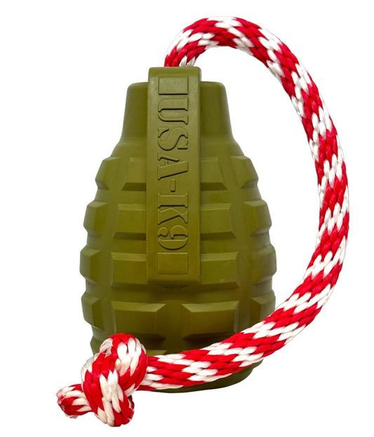 USA-K9 Grenade Rubber Treat Dispenser & Tug Toy – Army Green